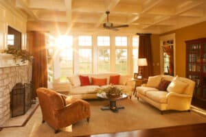 Well-appointed traditional living room with beamed ceiling