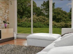 Beautiful living room with windows protected by film